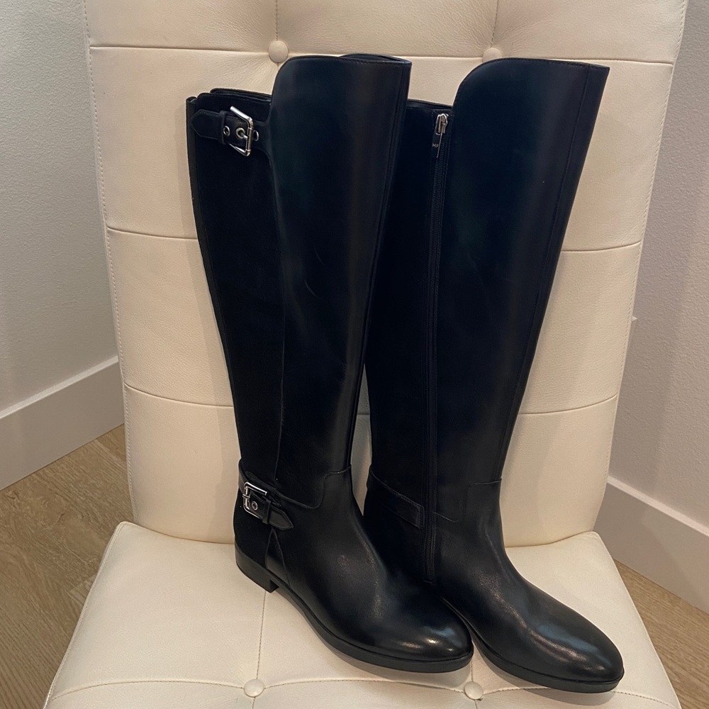 MARC FISHER Wide Calf Riding Boot 7.5M Black Leather Suede Knee High Equestrian